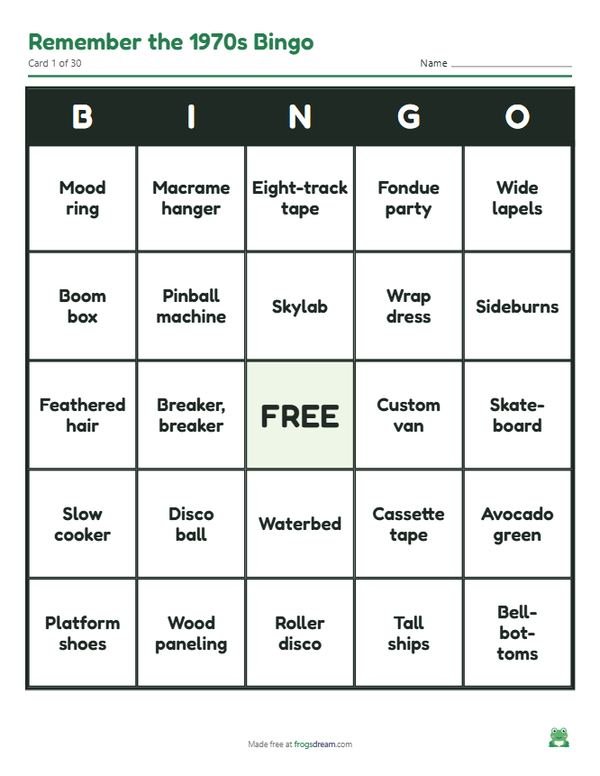 Remember the 1970s Bingo: free printable bingo card from frogsdream