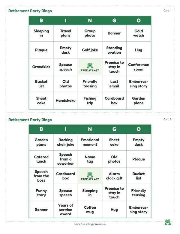 Retirement Party Bingo: free printable bingo card from frogsdream