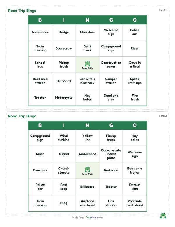 Road Trip Bingo: free printable bingo card from frogsdream