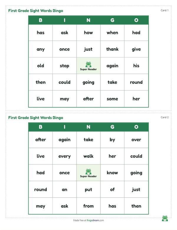 First Grade Sight Words Bingo: free printable bingo card from frogsdream