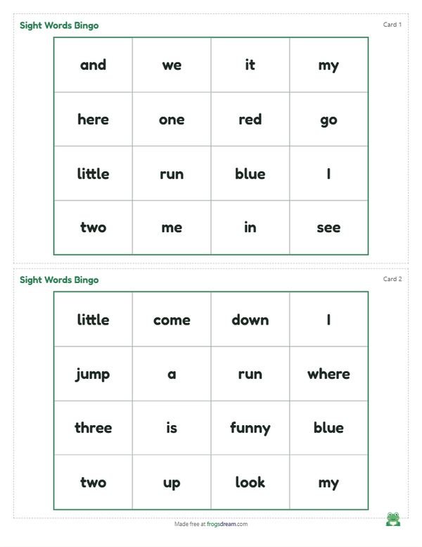 Kindergarten Sight Words Bingo: free printable bingo card from frogsdream