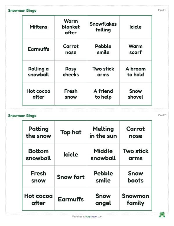 Snowman Bingo: free printable bingo card from frogsdream