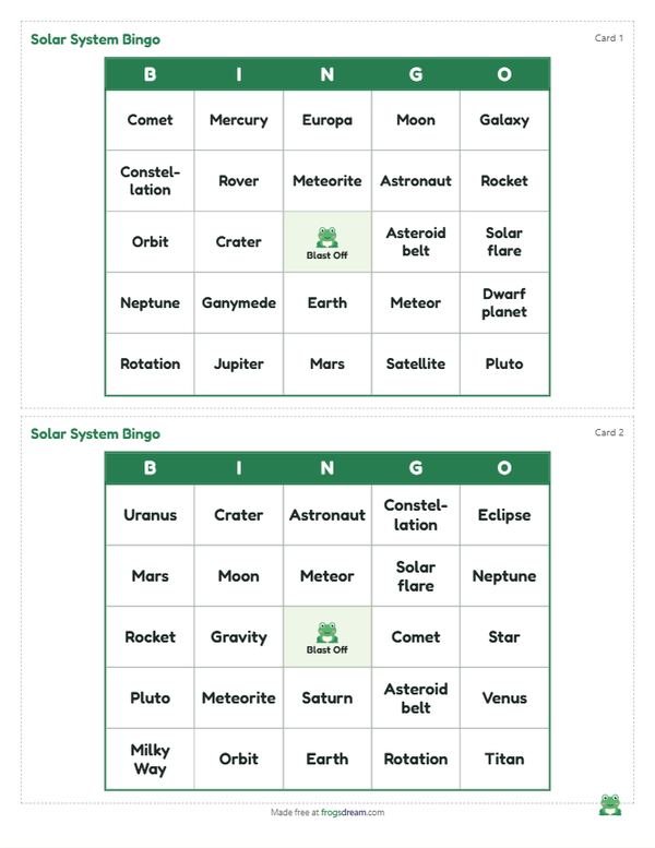 Solar System Bingo: free printable bingo card from frogsdream