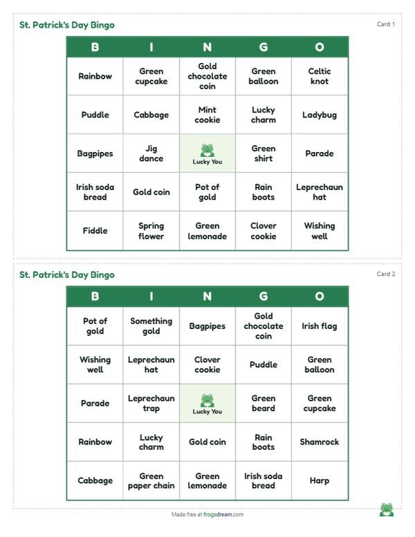 St. Patrick's Day Bingo: free printable bingo card from frogsdream