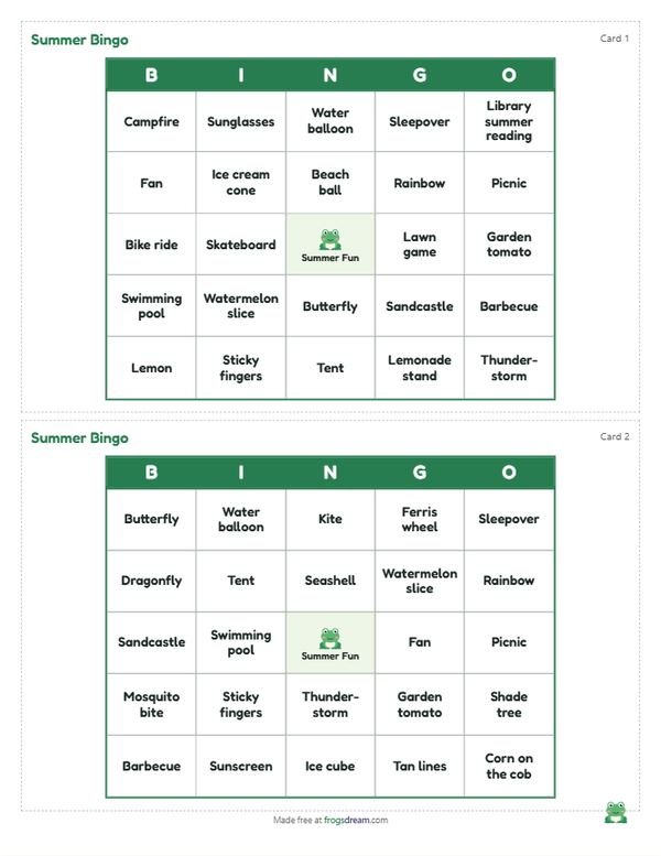 Summer Bingo: free printable bingo card from frogsdream