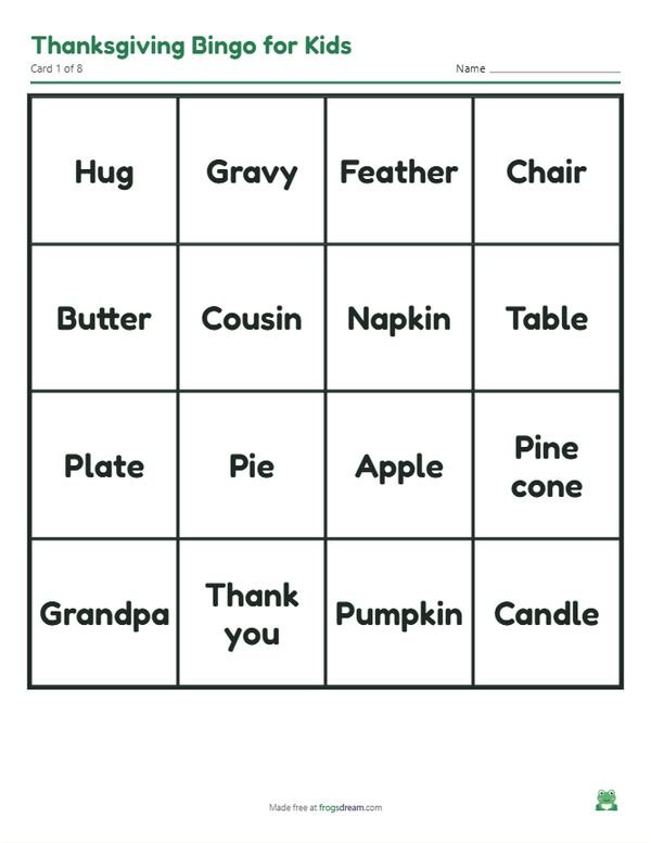 Thanksgiving Bingo for Kids: free printable bingo card from frogsdream
