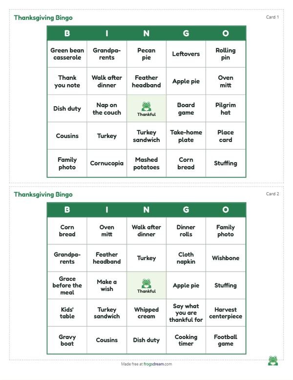 Thanksgiving Bingo: free printable bingo card from frogsdream