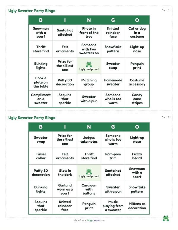 Ugly Sweater Party Bingo: free printable bingo card from frogsdream
