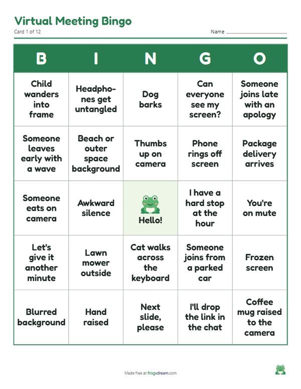 Virtual Meeting Bingo: free printable bingo card from frogsdream