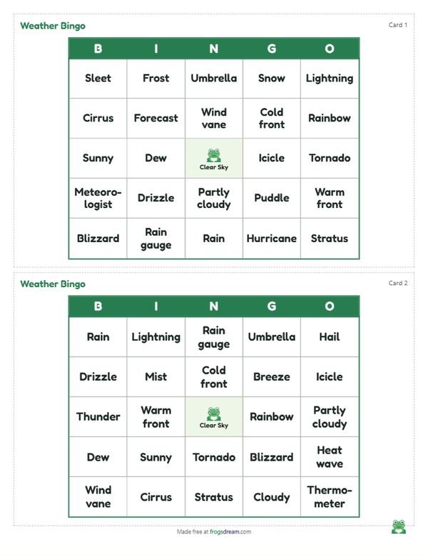 Weather Bingo: free printable bingo card from frogsdream