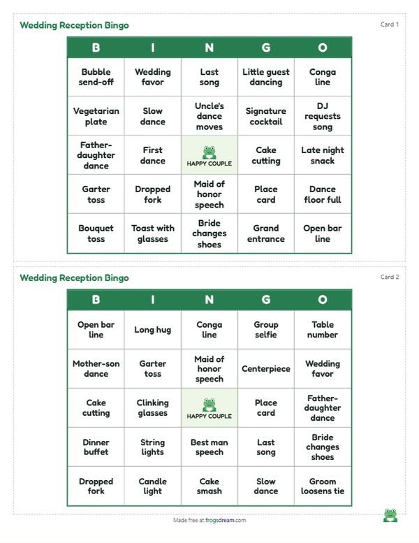 Wedding Reception Bingo: free printable bingo card from frogsdream