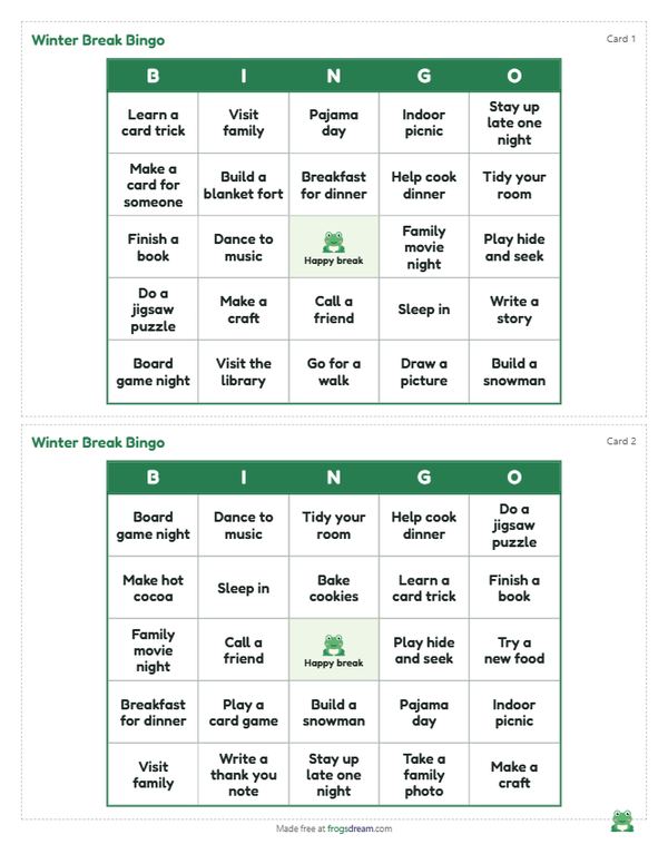 Winter Break Bingo: free printable bingo card from frogsdream