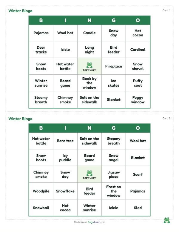 Winter Bingo: free printable bingo card from frogsdream