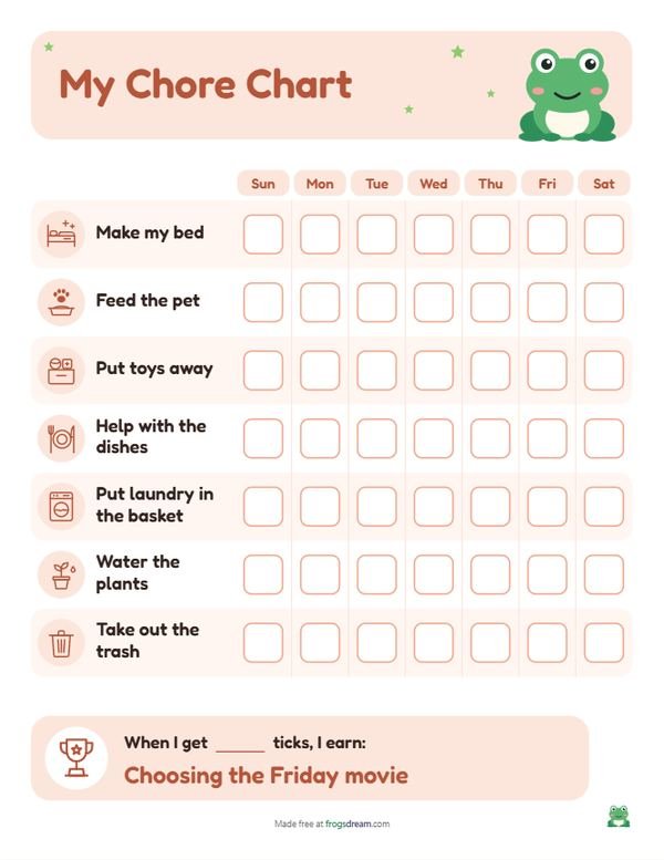 Chore Chart for Kids: free printable reward chart from frogsdream
