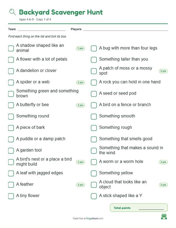 Backyard Scavenger Hunt: free printable scavenger hunt list from frogsdream