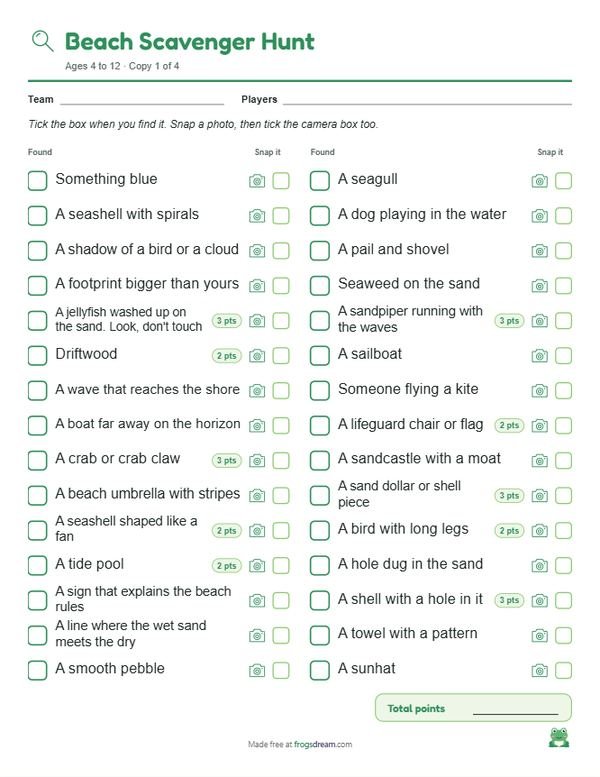 Beach Scavenger Hunt: free printable scavenger hunt list from frogsdream