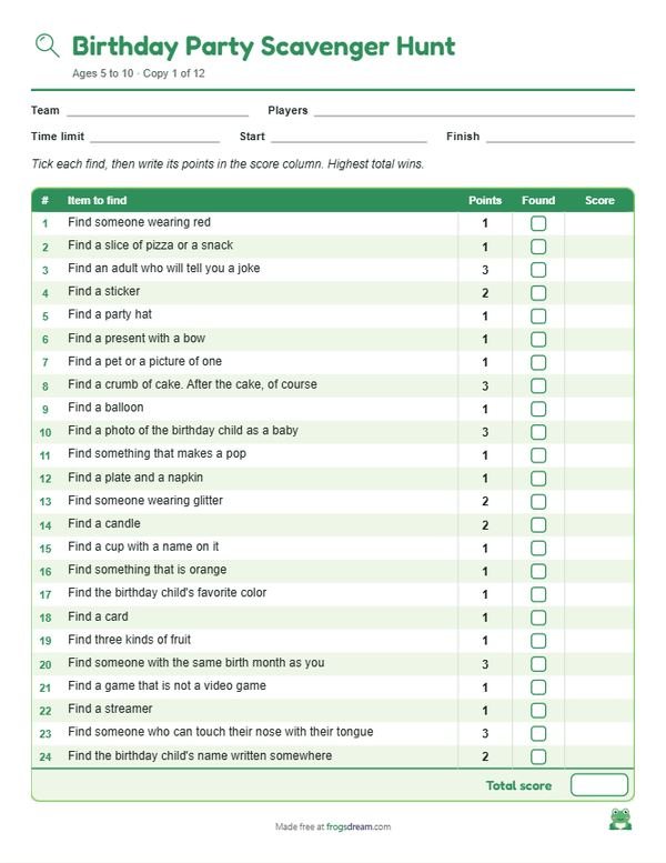 Birthday Party Scavenger Hunt: free printable scavenger hunt list from frogsdream
