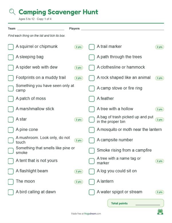 Camping Scavenger Hunt: free printable scavenger hunt list from frogsdream