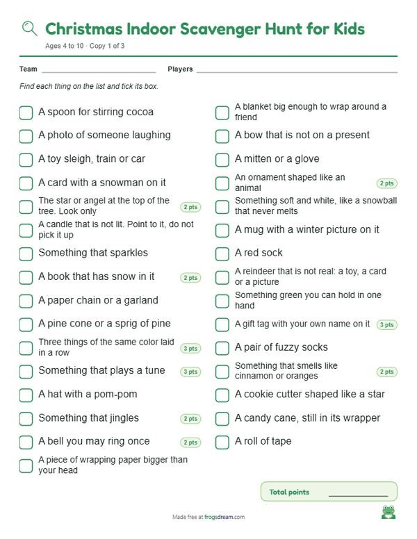 Christmas Indoor Scavenger Hunt for Kids: free printable scavenger hunt list from frogsdream