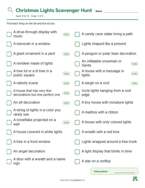 Christmas Lights Scavenger Hunt: free printable scavenger hunt list from frogsdream