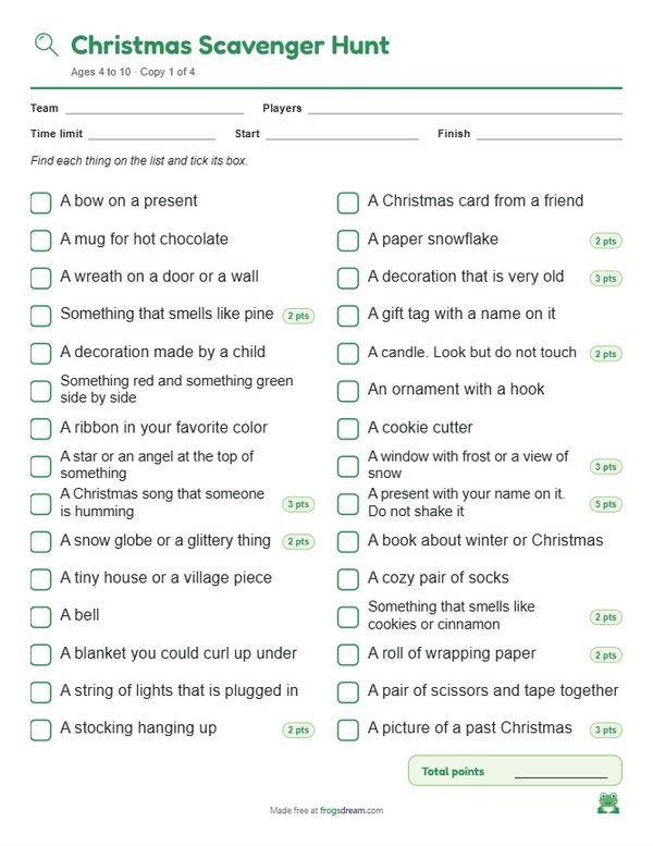 Christmas Scavenger Hunt: free printable scavenger hunt list from frogsdream
