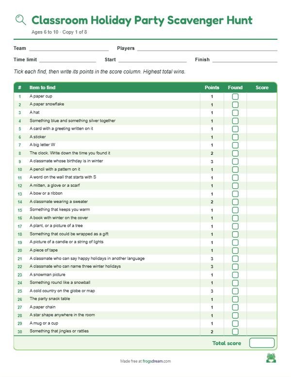 Classroom Holiday Party Scavenger Hunt: free printable scavenger hunt list from frogsdream