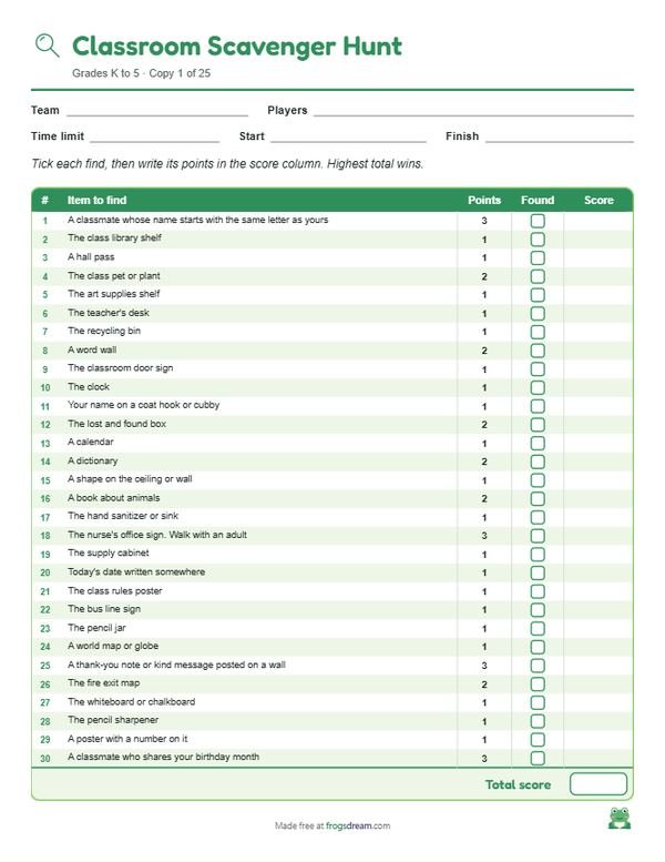 Classroom Scavenger Hunt: free printable scavenger hunt list from frogsdream