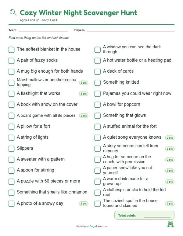 Cozy Winter Night Scavenger Hunt: free printable scavenger hunt list from frogsdream