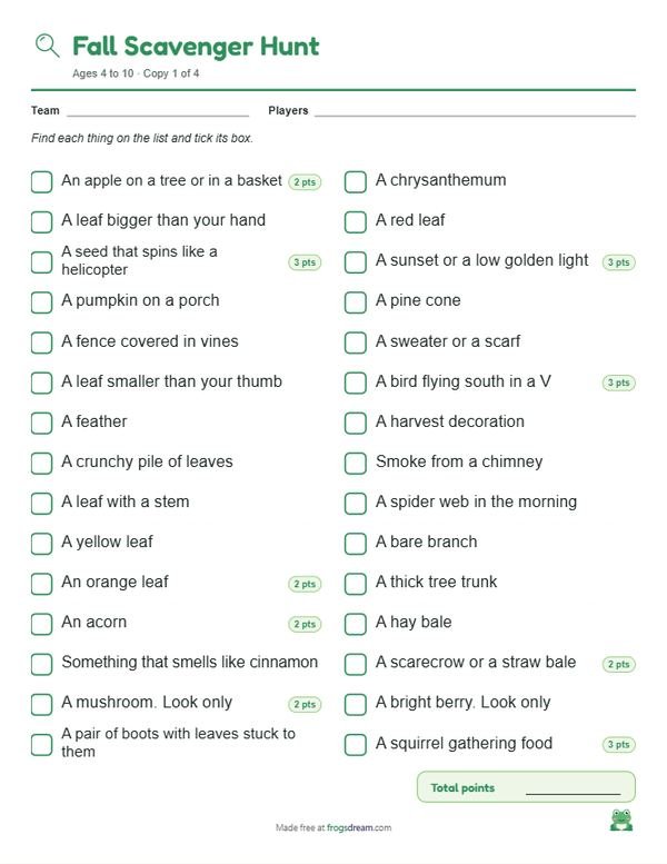 Fall Scavenger Hunt: free printable scavenger hunt list from frogsdream