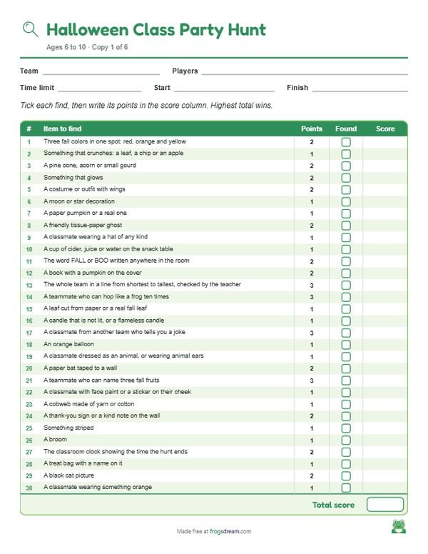 Halloween Class Party Scavenger Hunt: free printable scavenger hunt list from frogsdream