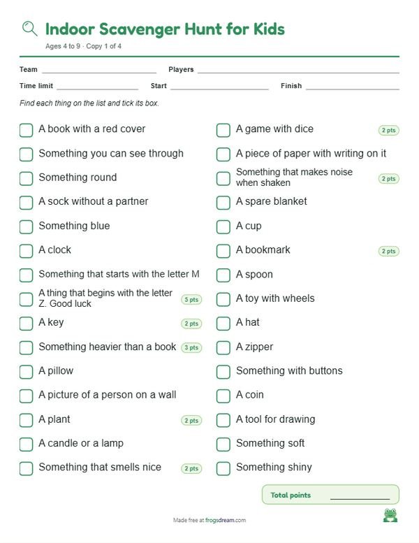 Indoor Scavenger Hunt for Kids: free printable scavenger hunt list from frogsdream