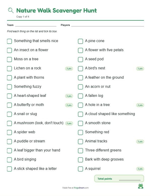 Nature Walk Scavenger Hunt: free printable scavenger hunt list from frogsdream