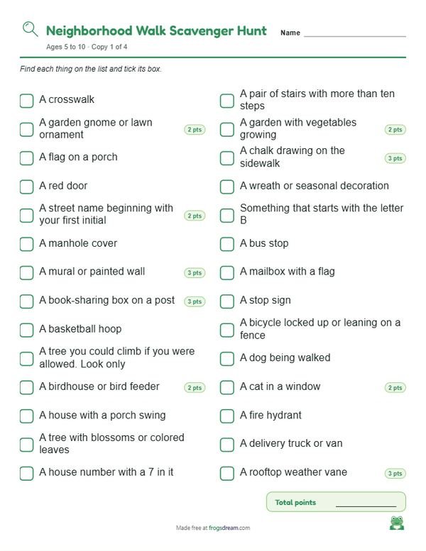 Neighborhood Walk Scavenger Hunt: free printable scavenger hunt list from frogsdream