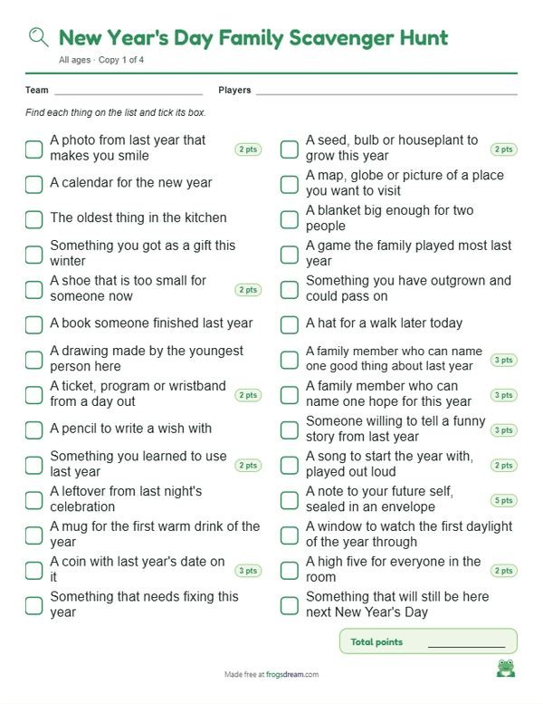 New Year's Day Family Scavenger Hunt: free printable scavenger hunt list from frogsdream