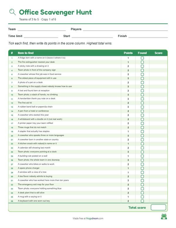 Office Scavenger Hunt: free printable scavenger hunt list from frogsdream