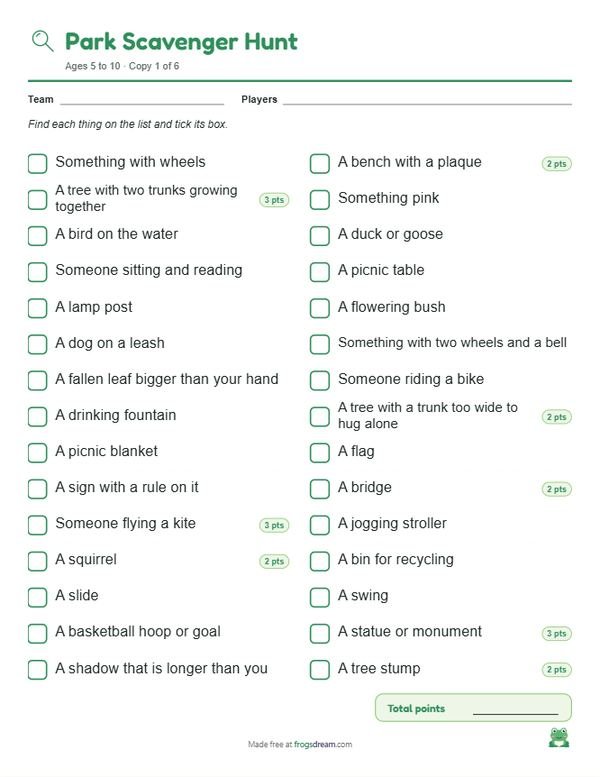 Park Scavenger Hunt: free printable scavenger hunt list from frogsdream