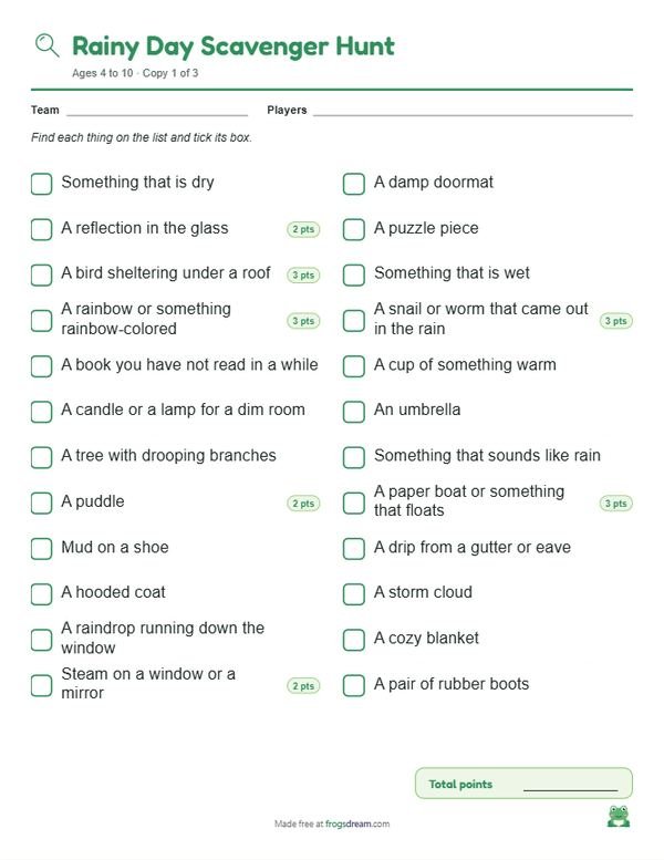 Rainy Day Scavenger Hunt: free printable scavenger hunt list from frogsdream