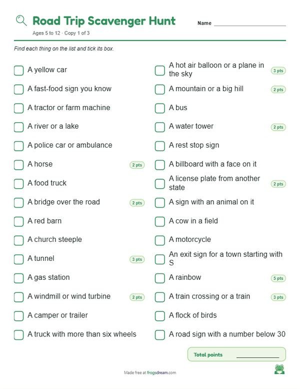 Road Trip Scavenger Hunt: free printable scavenger hunt list from frogsdream