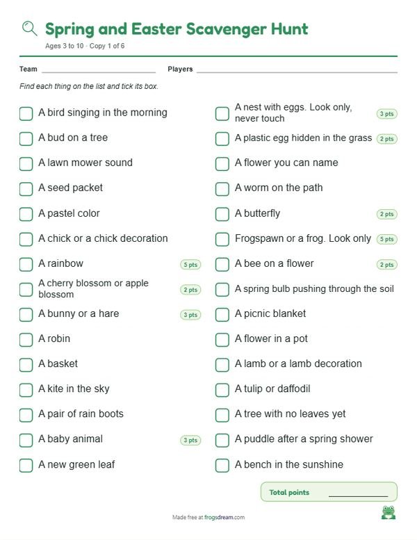 Spring and Easter Scavenger Hunt: free printable scavenger hunt list from frogsdream
