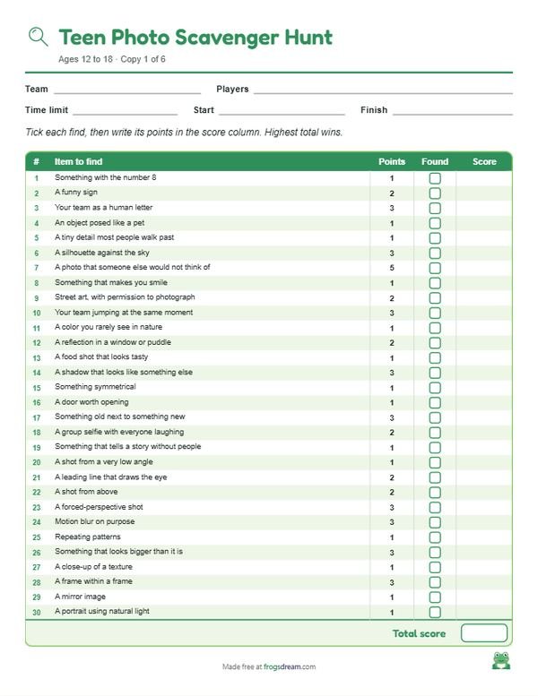 Teen Photo Scavenger Hunt: free printable scavenger hunt list from frogsdream