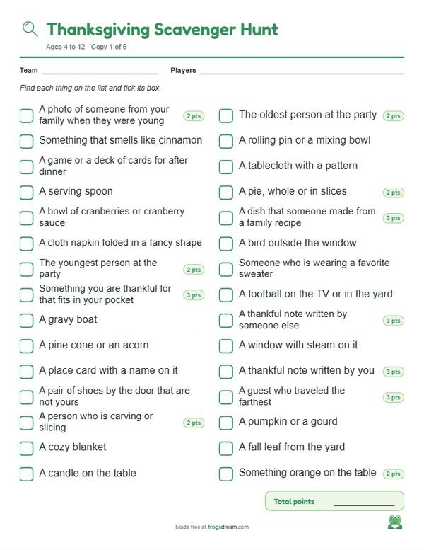 Thanksgiving Scavenger Hunt: free printable scavenger hunt list from frogsdream