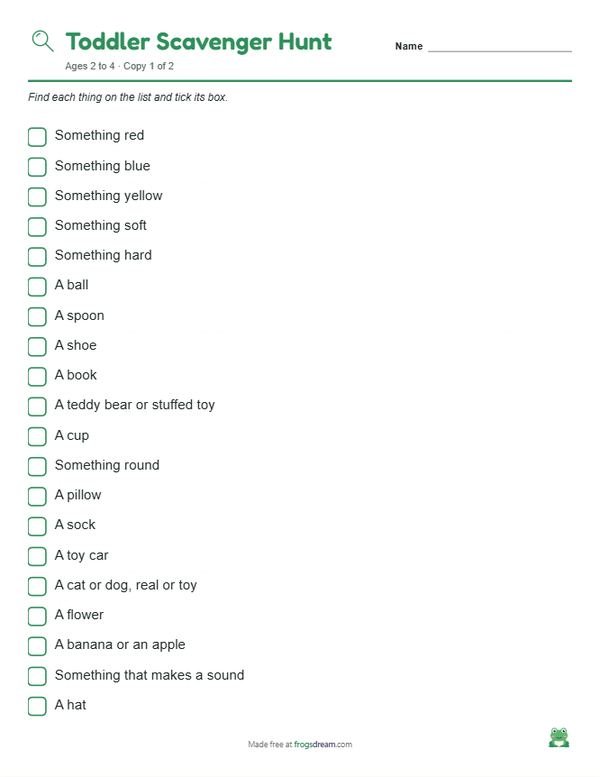 Toddler Scavenger Hunt: free printable scavenger hunt list from frogsdream