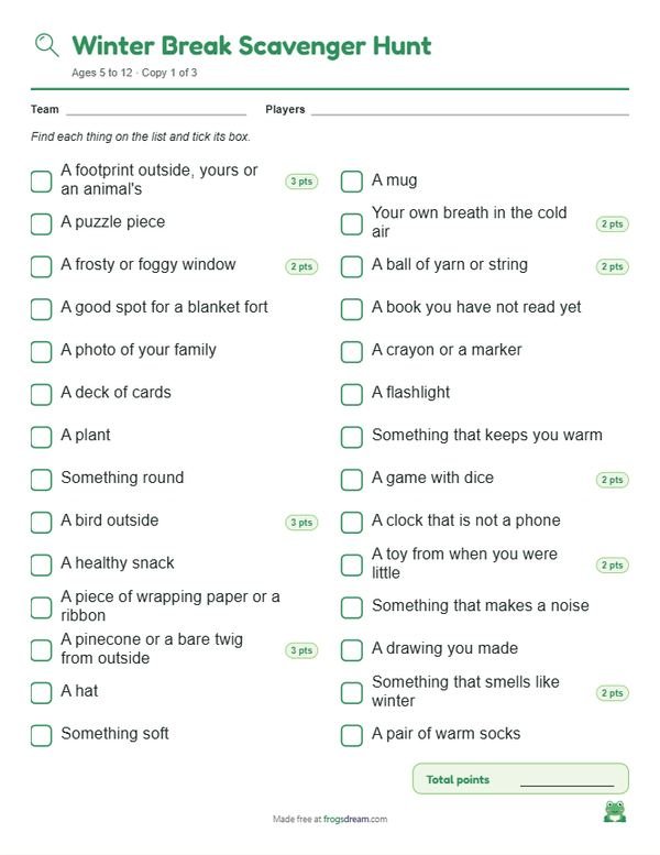 Winter Break Scavenger Hunt: free printable scavenger hunt list from frogsdream