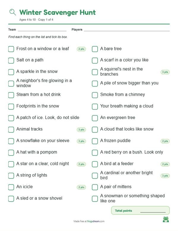Winter Scavenger Hunt: free printable scavenger hunt list from frogsdream