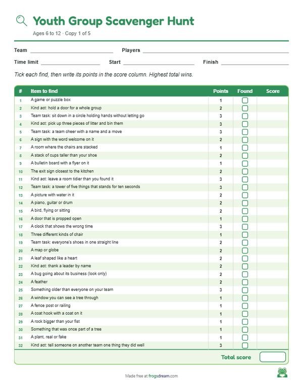 Youth Group Scavenger Hunt: free printable scavenger hunt list from frogsdream