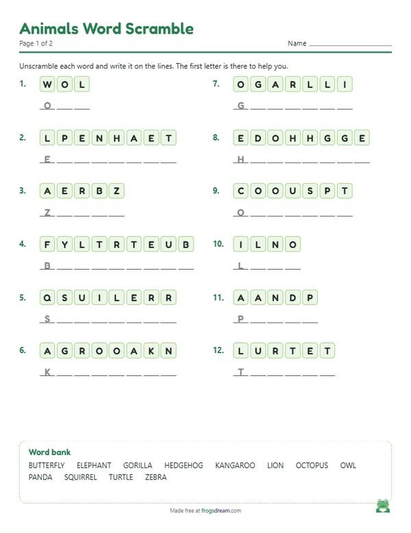 Animals Word Scramble: free printable word scramble worksheet from frogsdream