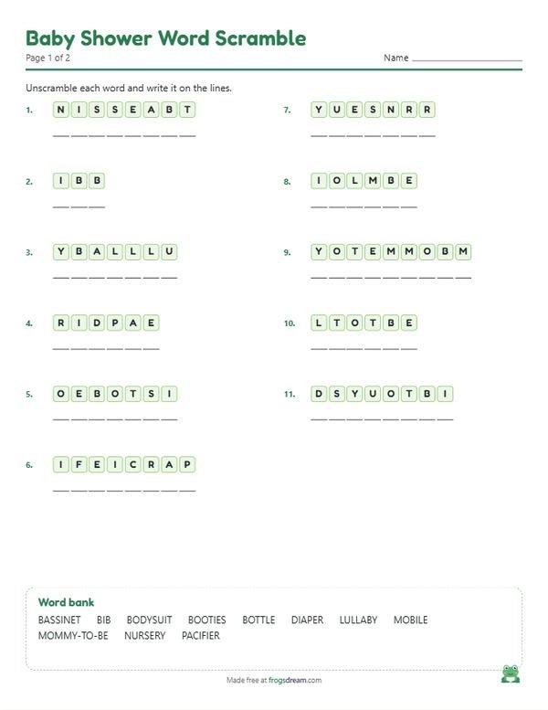 Baby Shower Word Scramble: free printable word scramble worksheet from frogsdream