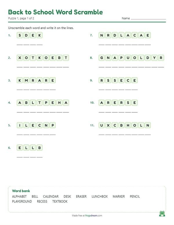 Back to School Word Scramble: free printable word scramble worksheet from frogsdream