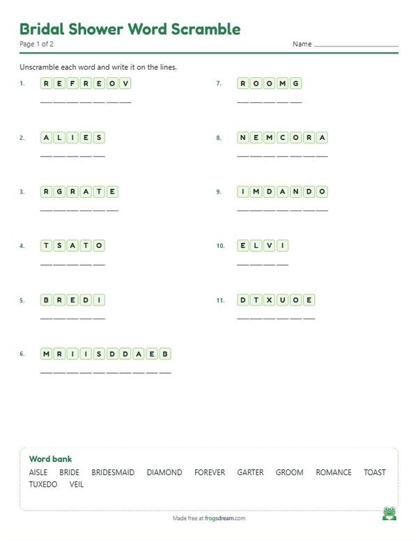 Bridal Shower Word Scramble: free printable word scramble worksheet from frogsdream