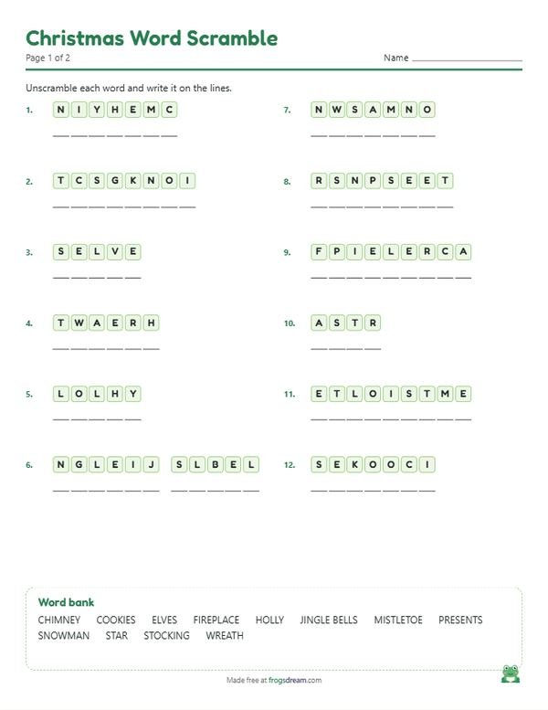 Christmas Word Scramble: free printable word scramble worksheet from frogsdream